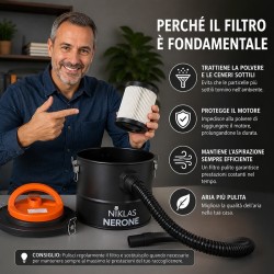 Aspiracenere con Filtro Lavabile, Bidone Raccogli Cenere con Tubo Acciaio Flessibile, Ideale per Caminetti, Stufe, ecc