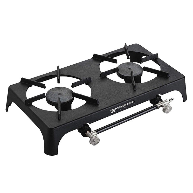 Fornello bruciatore portatile per campeggio a gas in ghisa 2 fuochi 37x51cm