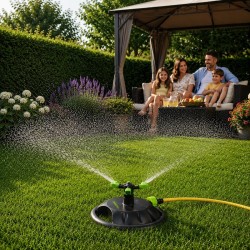 Irrigatore Rotante a tre braccia con base, Irrigatore da Giardino e Prato, Ugelli orientabili, Sistema a pioggia leggera
