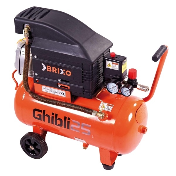 Compressore d’aria 25 lt carrellato, portatile, compatto, ad olio con manometro. Brixo Ghibli 25 Lt .