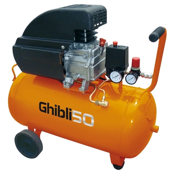 Compressore d’aria 50 lt carrellato, portatile, compatto, ad olio con manometro. Brixo Ghibli 50 Lt.