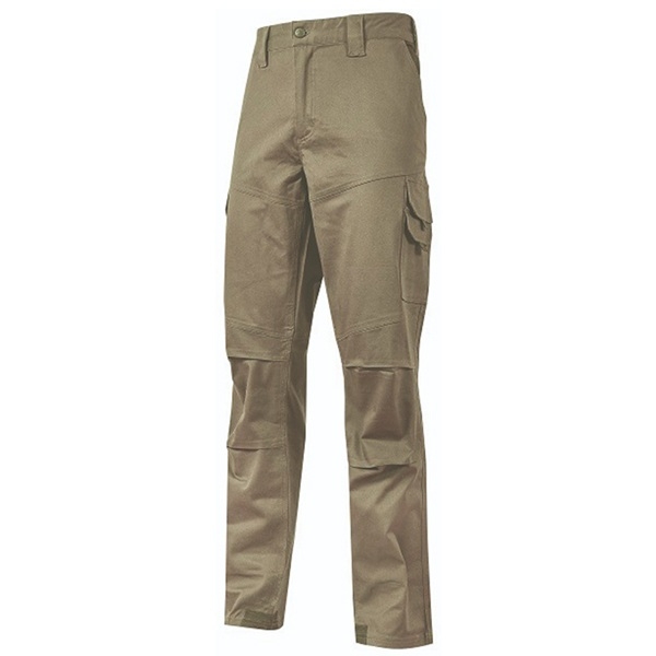 Pantalone U-Power Performance, Modello Guapo, Cotone Elasticizzato, con Multi_tasche Frontali, Laterali e Anteriori, Ginocchia Preformate, Elastico in Vita, Cerniera di Chiusura, Colore Beige