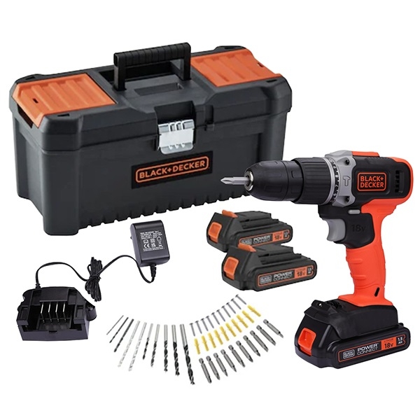 Trapano avvitatore a batteria 18V–1,5 Ah, 3 batterie, caricabatterie, valigetta e set 40 accessori. Black+Decker BCD003C3TA