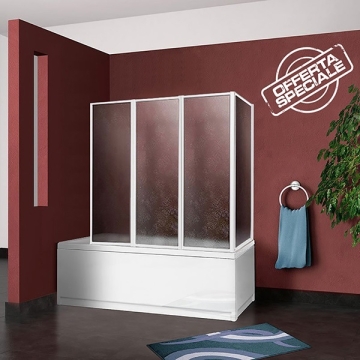 Vasca parete vasca sopravasca doccia box ante pieghevole cm.68+cm.133, profili alluminio con pannelli acrilici, reversibili a 4 ante