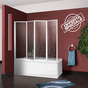 Sopravasca angolare per vasca da bagno pieghevole cm.64+cm.133, profili alluminio con pannelli acrilici, reversibile a 4 ante