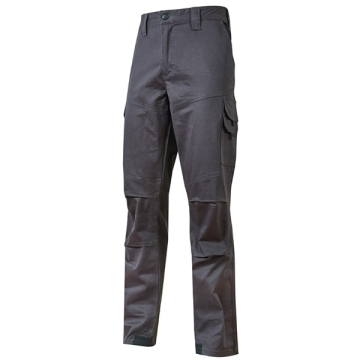 Pantalone U-Power Performance, Modello Guapo, Cotone Elasticizzato, con Multi_tasche Frontali, Laterali e Anteriori, Ginocchia Preformate, Elastico in Vita, Cerniera di Chiusura, Colore Grigio